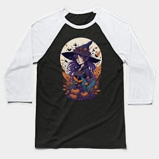Moonlit Enchantment - Cute Witch Amidst Autumnal Delights Baseball T-Shirt
